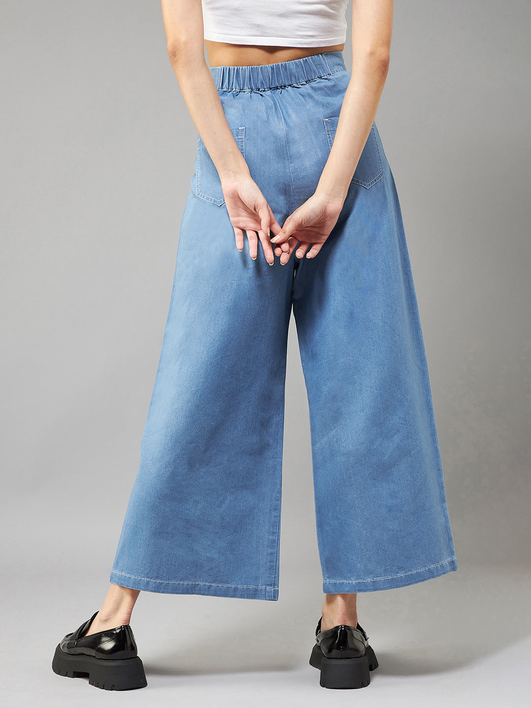 Women's Blue Flared Wide-Leg High-Rise Non Stretchable Culottes Pants