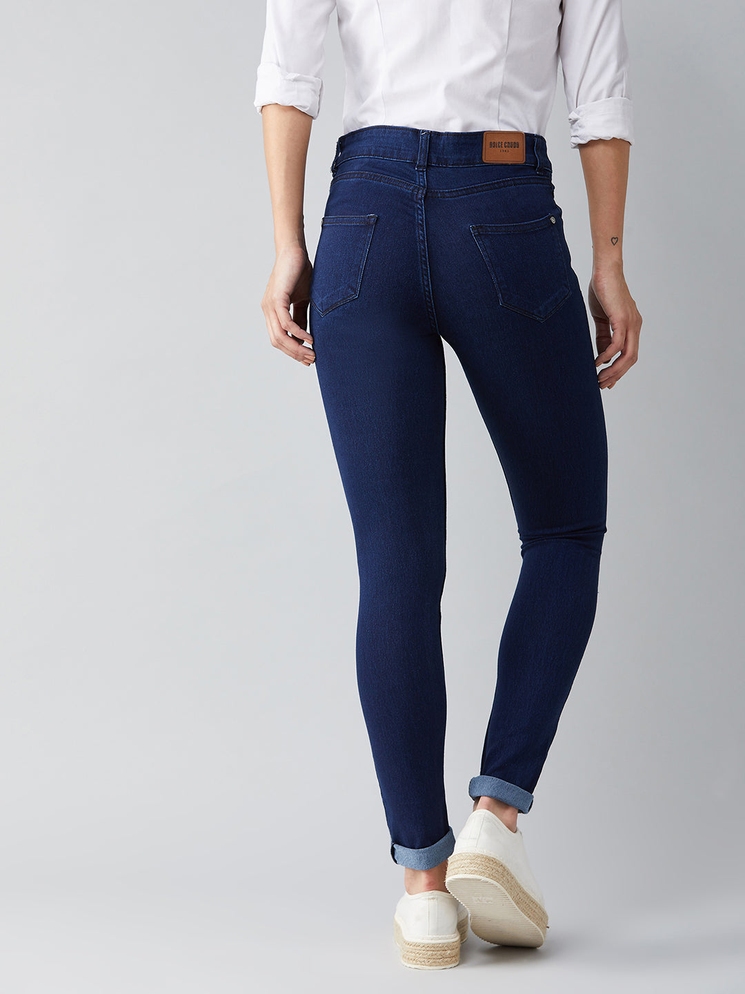 Women's Navy-Blue Skinny-Fit Mid-Rise Knee-Slit Stretchable Denim Jeans