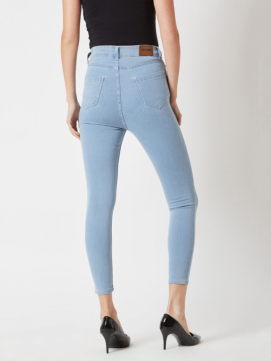 Women's Light Blue Skinny High-Rise Distressed Cropped Denim Jeans