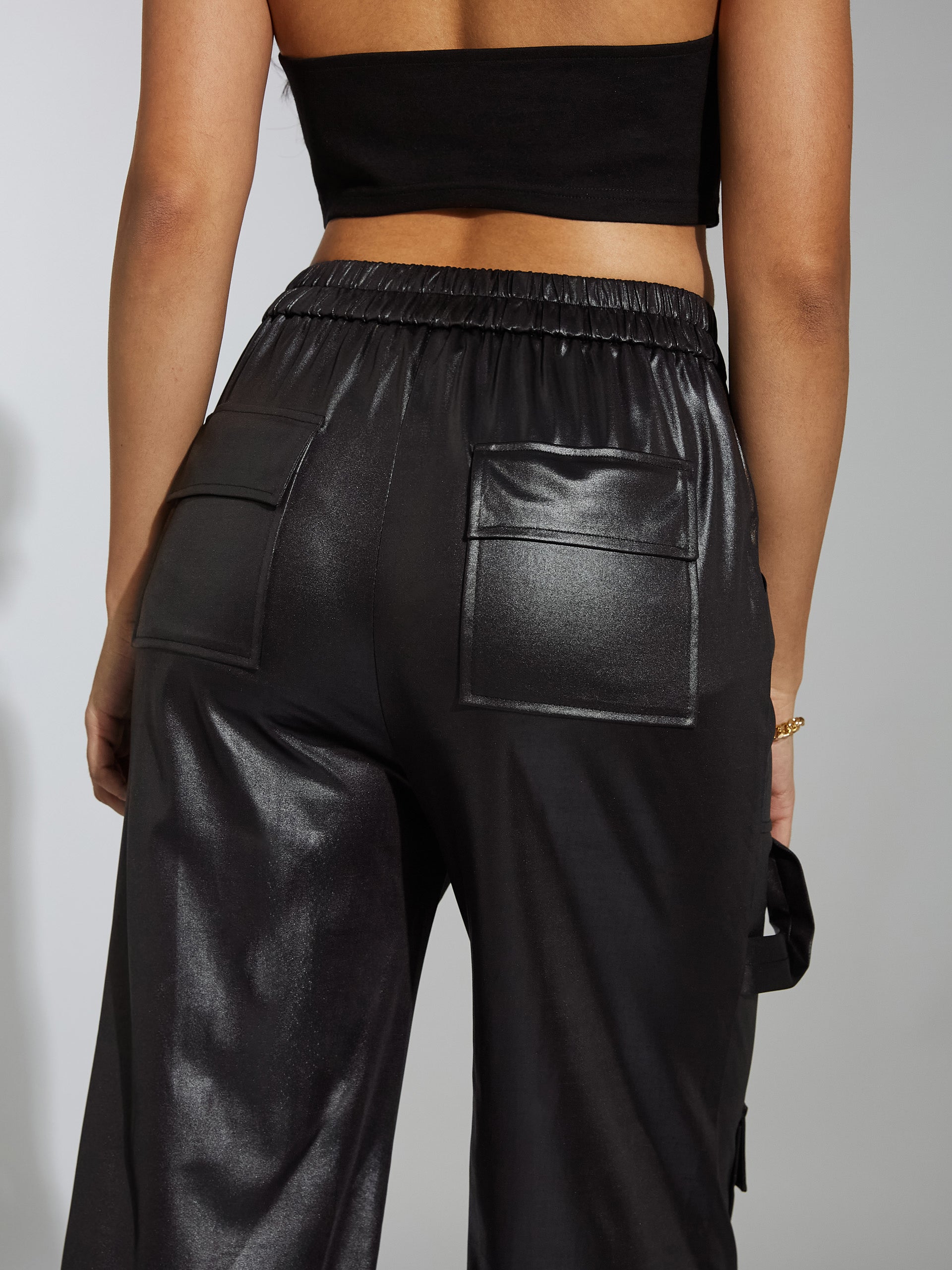Women's Black Relaxed-Fit Regular-Length Stretchable Polyester Pants
