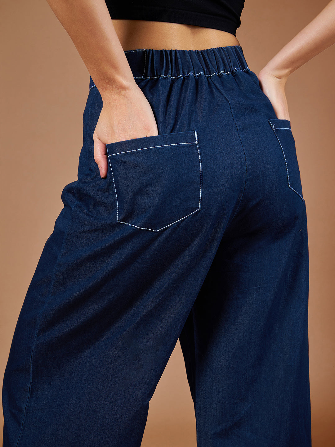 Women's Navy Blue Wide-Leg High-Rise Denim Pants