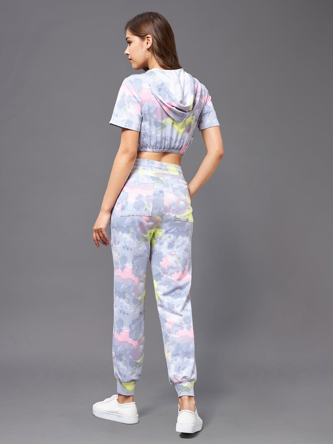 Women's Multicolored-Base-Grey Round Short Polyester Tie & Dye Crop Regular Co-ord Set
