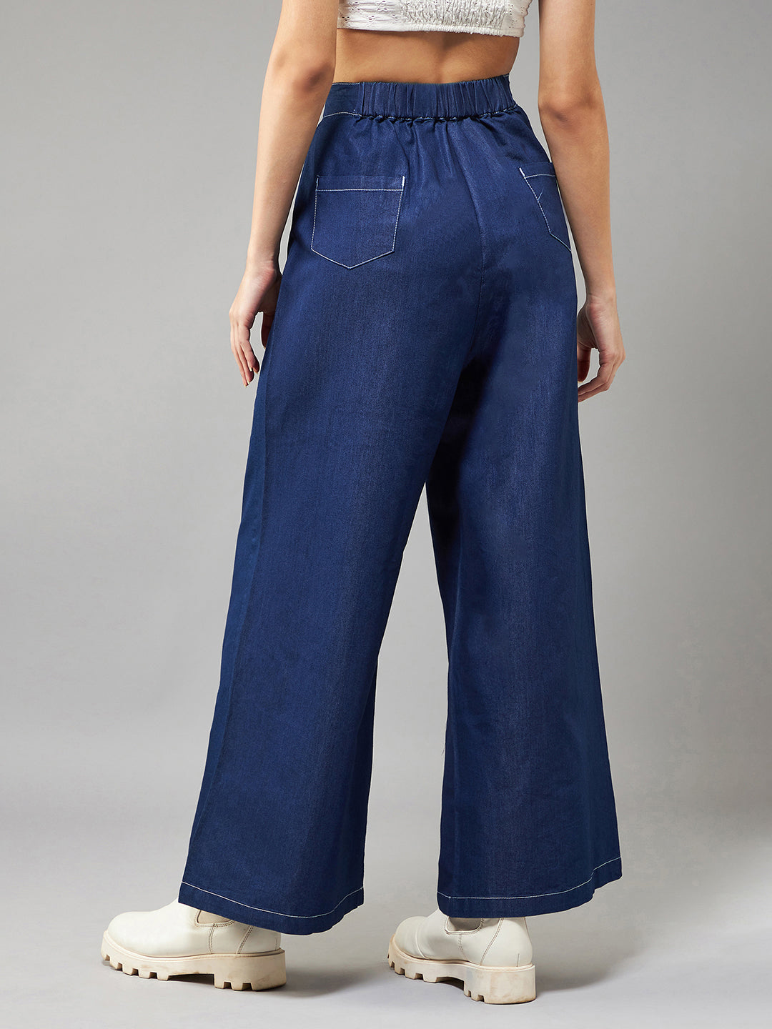 Women's Navy Blue Wide-Leg High-Rise Light Weight Culottes Denim Pants