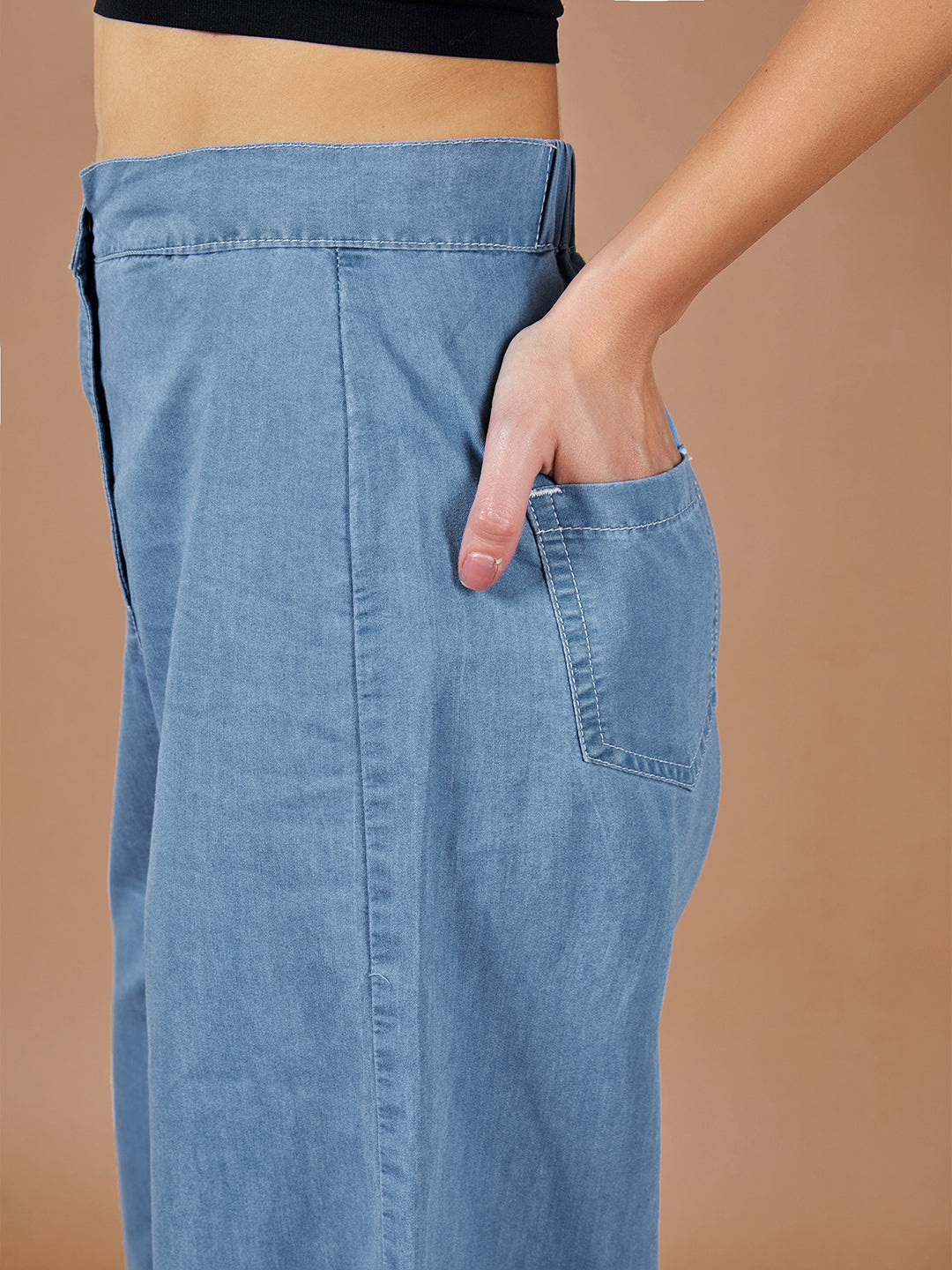 Women's Blue Flared Wide-Leg High-Rise Non Stretchable Denim Culottes Pants