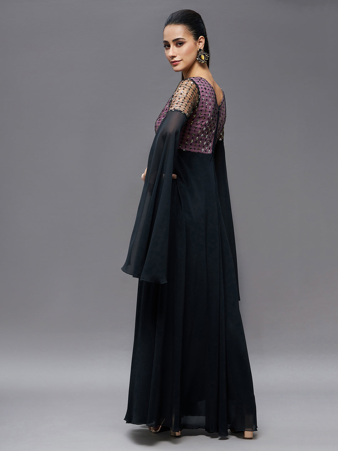 Women's Black & Lavender Relaxed Fit Maxi Georgette & Sequins Dress