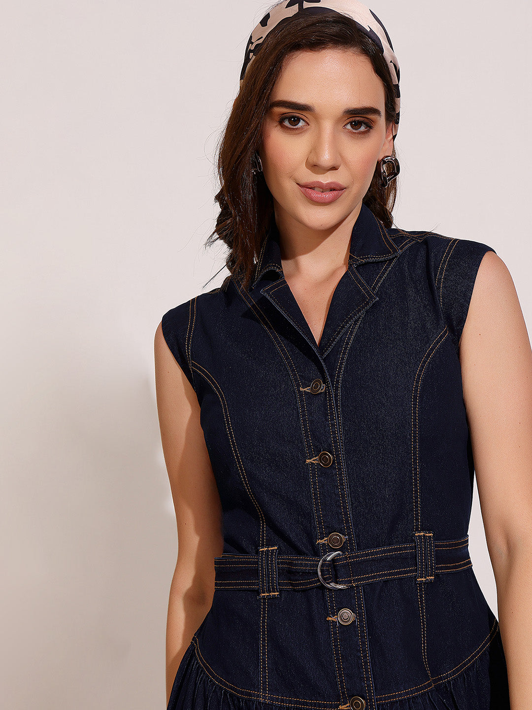 Women's Dark Blue Notched-Collar Sleeveless Solid Drop Waist Maxi-Length Light Weight Denim Shirt Dress