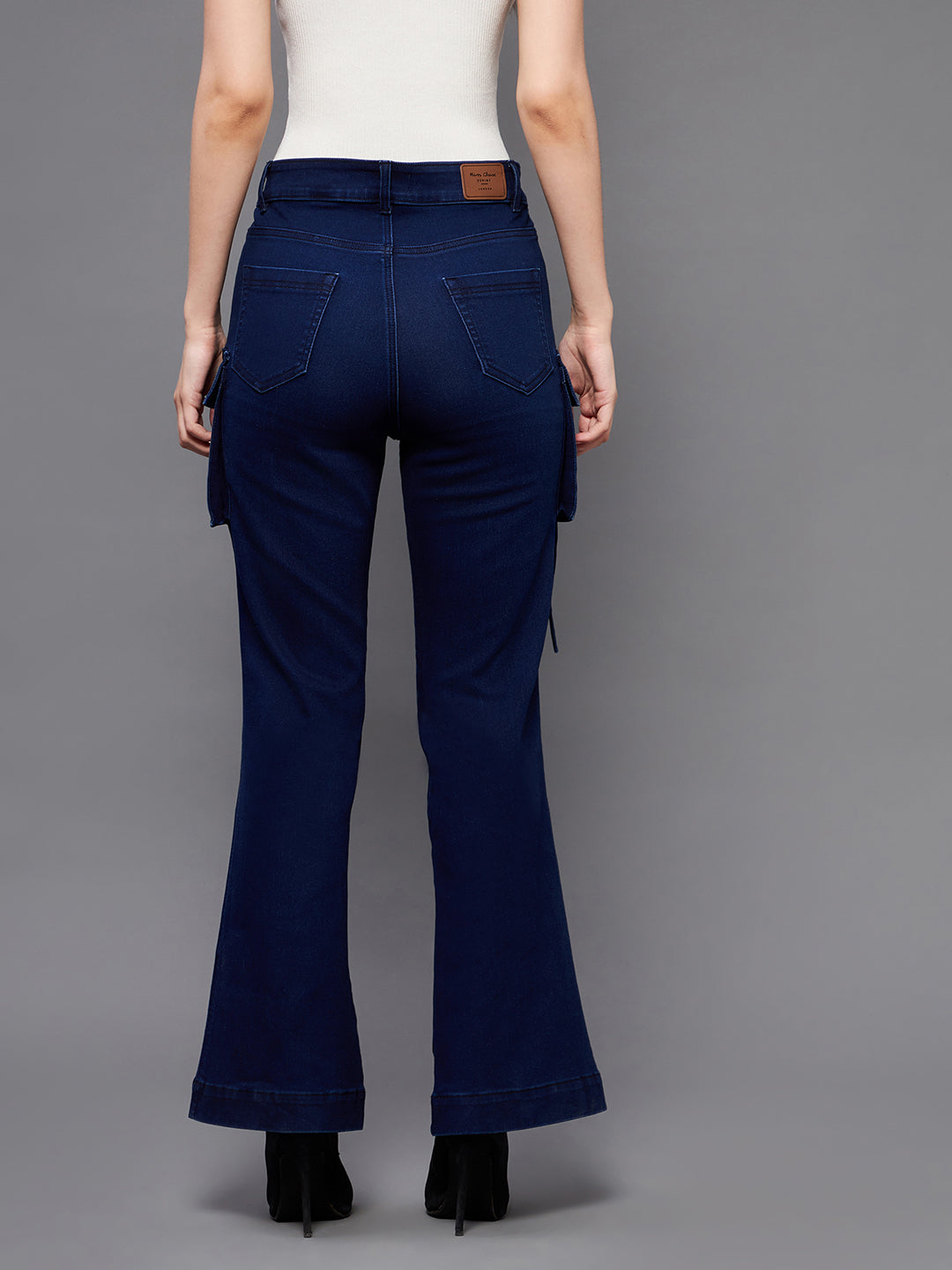 24/7 Comfort Navy-Blue Bell-Bottom Bootcut High-Rise Stretchable Cargo Denim Jeans