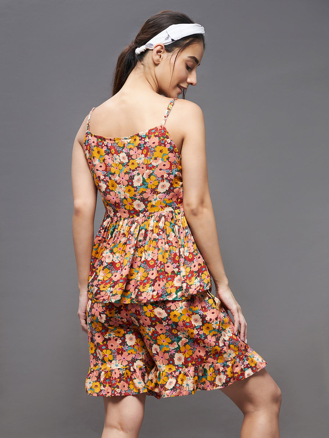 Women's Multicolour Round Neck Sleeveless Floral Ruffled Hem Short Top & Shorts Sets