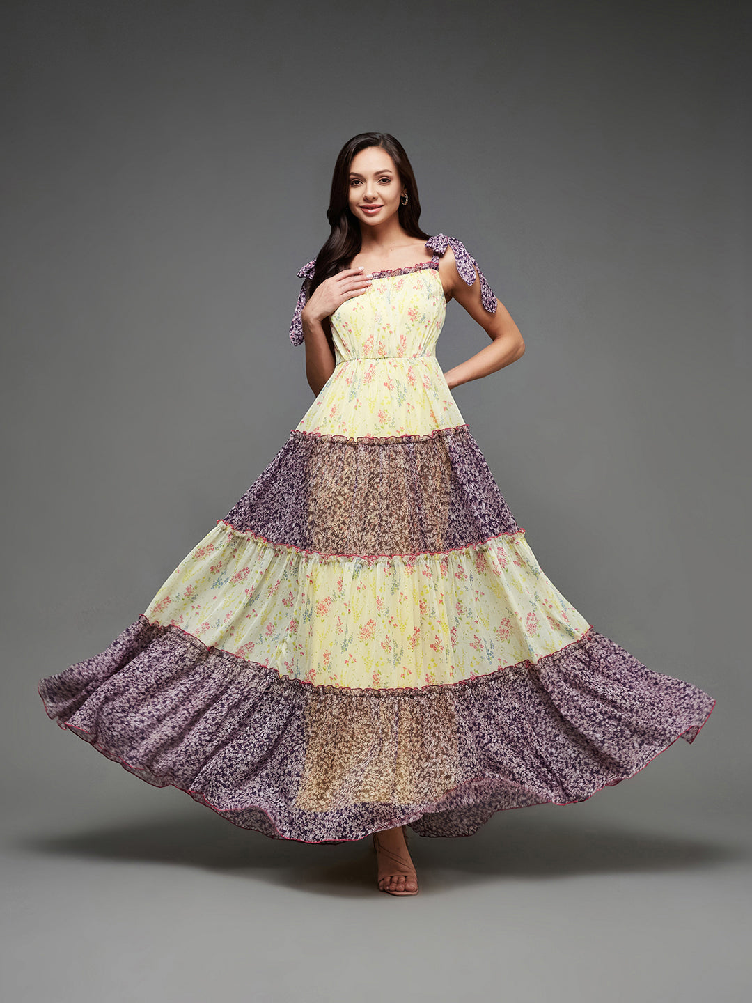 Women's Multicolored Square Neck Shoulder Strap Tie-Up Floral Patterned Tiered Maxi Chiffon Dress