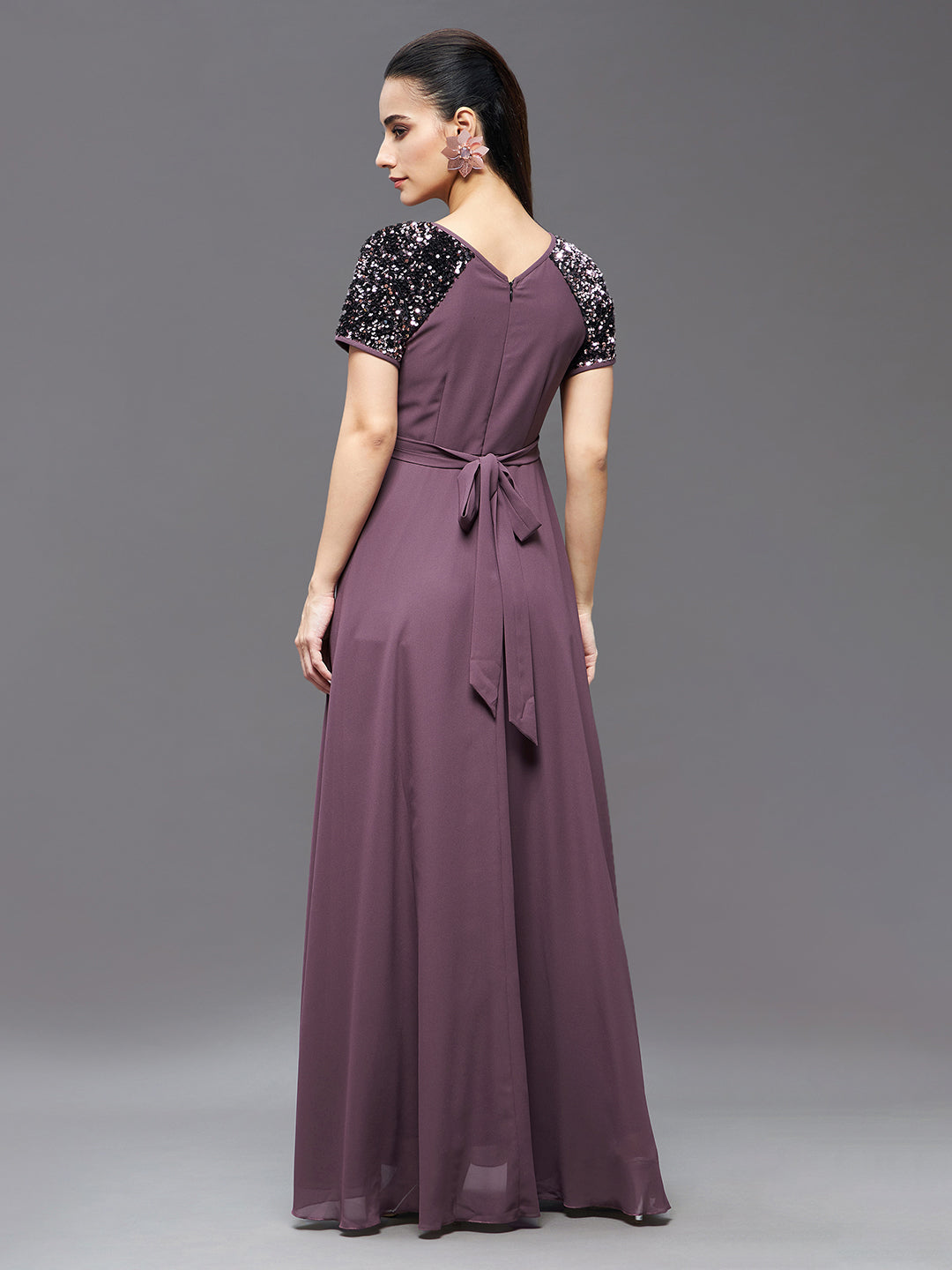 Mauve Half Sleeves Sequinned Fit and Flare Maxi Dress Long Dress Frock for Women