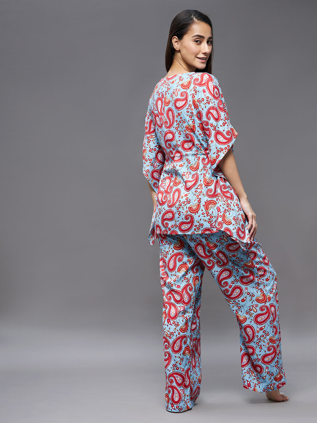 Women's Blue and red V Neck Kaftan Sleeve Printed Tie-Up Waist Regular Kaftan & Pajama Set