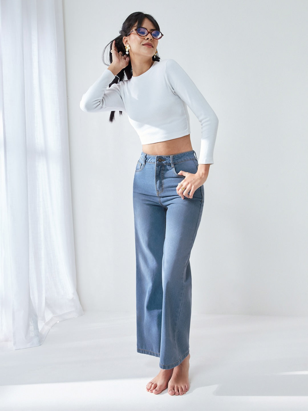 Light Blue Wide-Leg High-Rise Non-stretchable Denim Jeans for Women