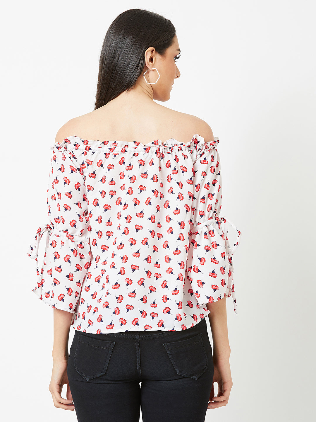 Women's Multicolored Gathered Printed Off-Shoulder 3/4 Sleeve Printed Boxy Bardot Top