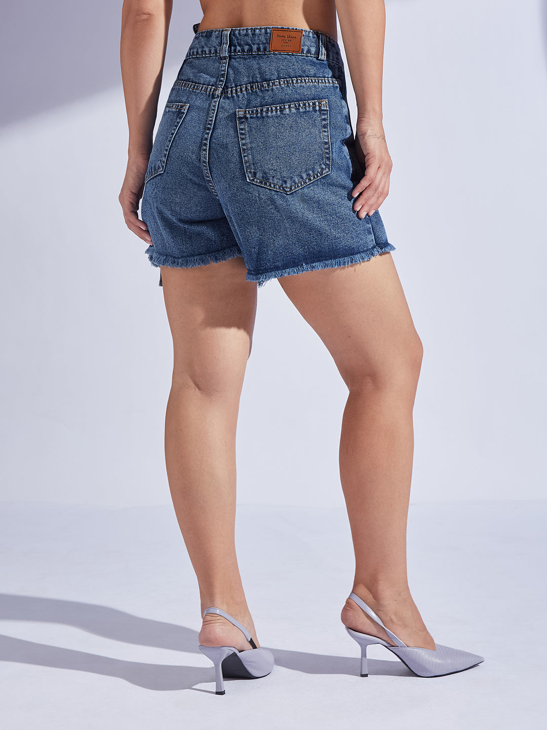 Women's Navy Blue Regular High-Rise Mild-Distress Regular Denim Skorts