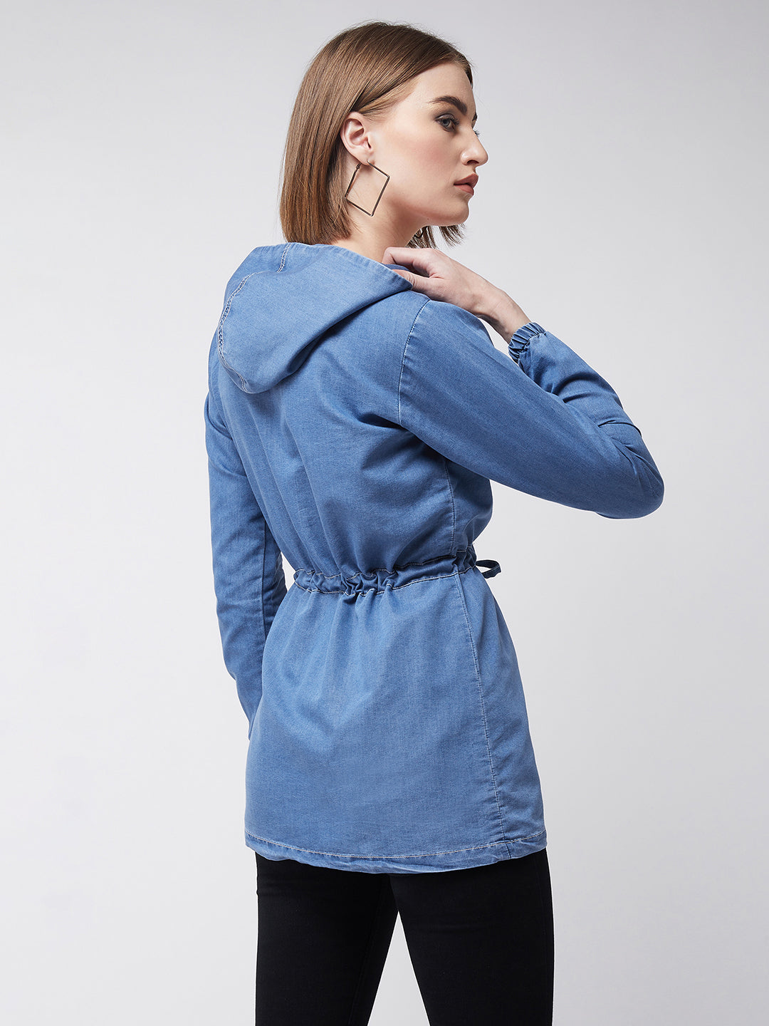 Light-Blue Round Neck Full Sleeve Solid hoody with tie-up Long Denim Jacket for Women