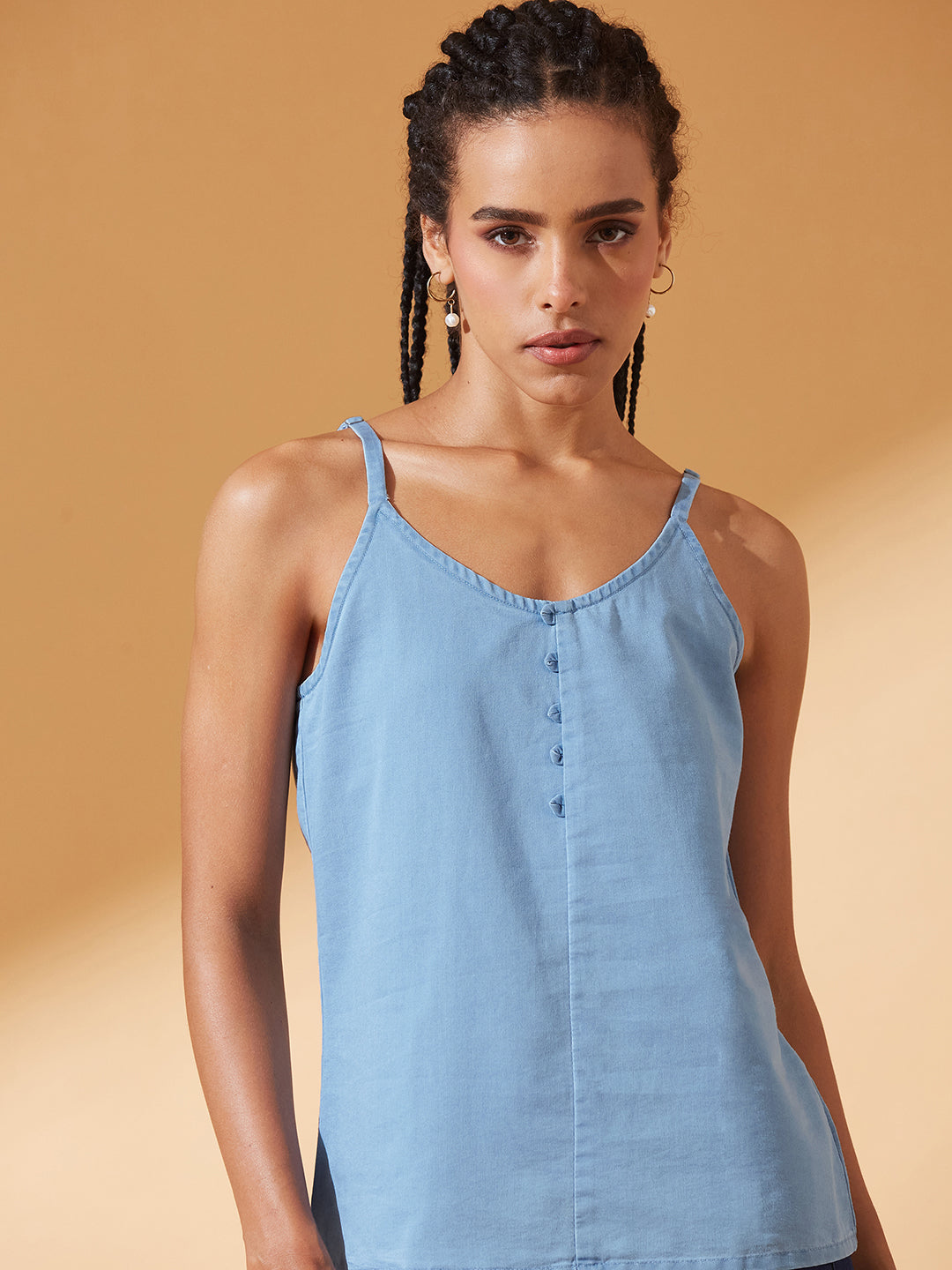 Light-Blue V Neck Sleeveless Cotton Solid Denim Spaghetti Top for Women