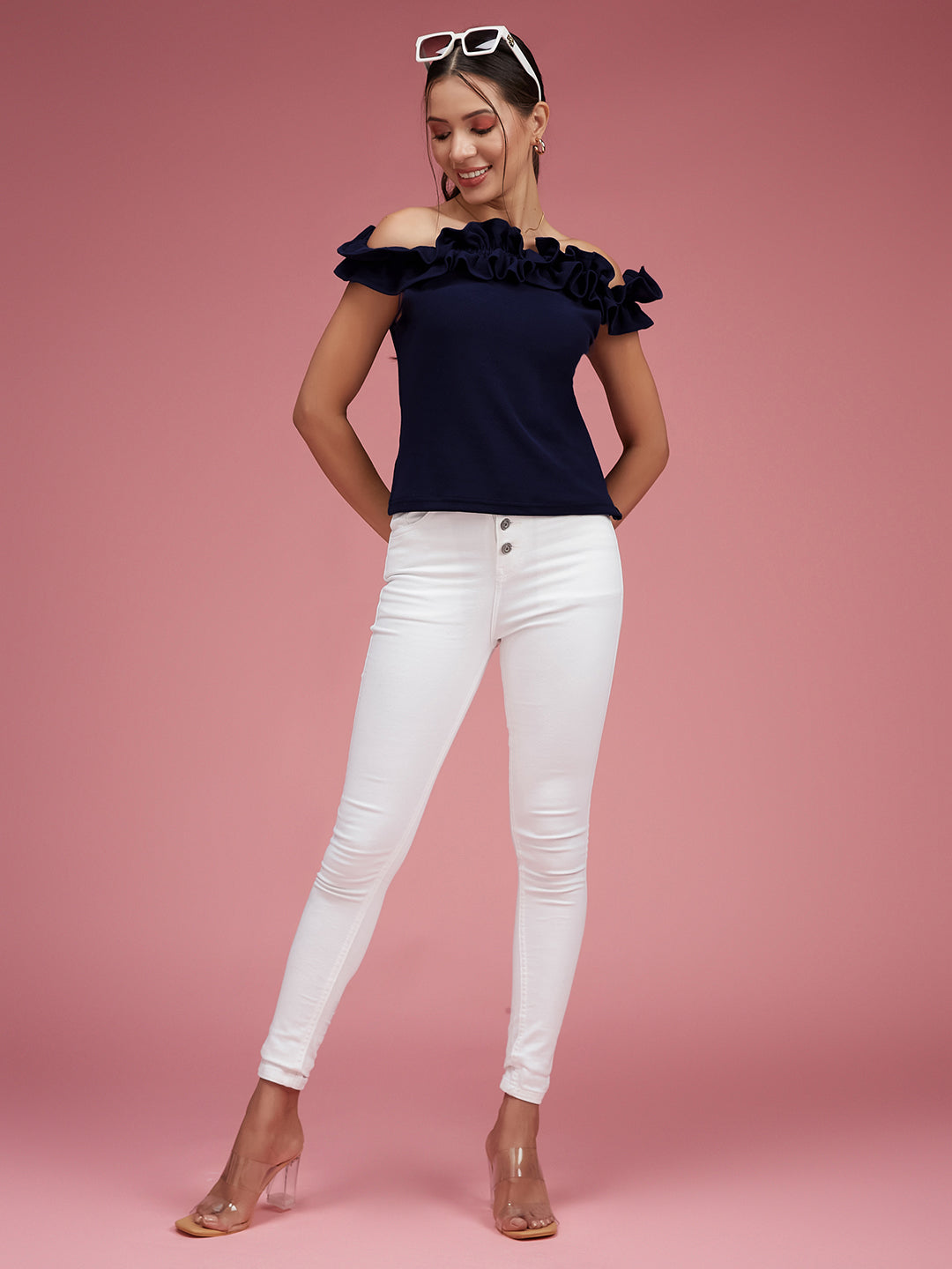 Women's Navy Blue Off Shoulder Sleeveless Solid Ruffled Frilled Gathered Bardot Top