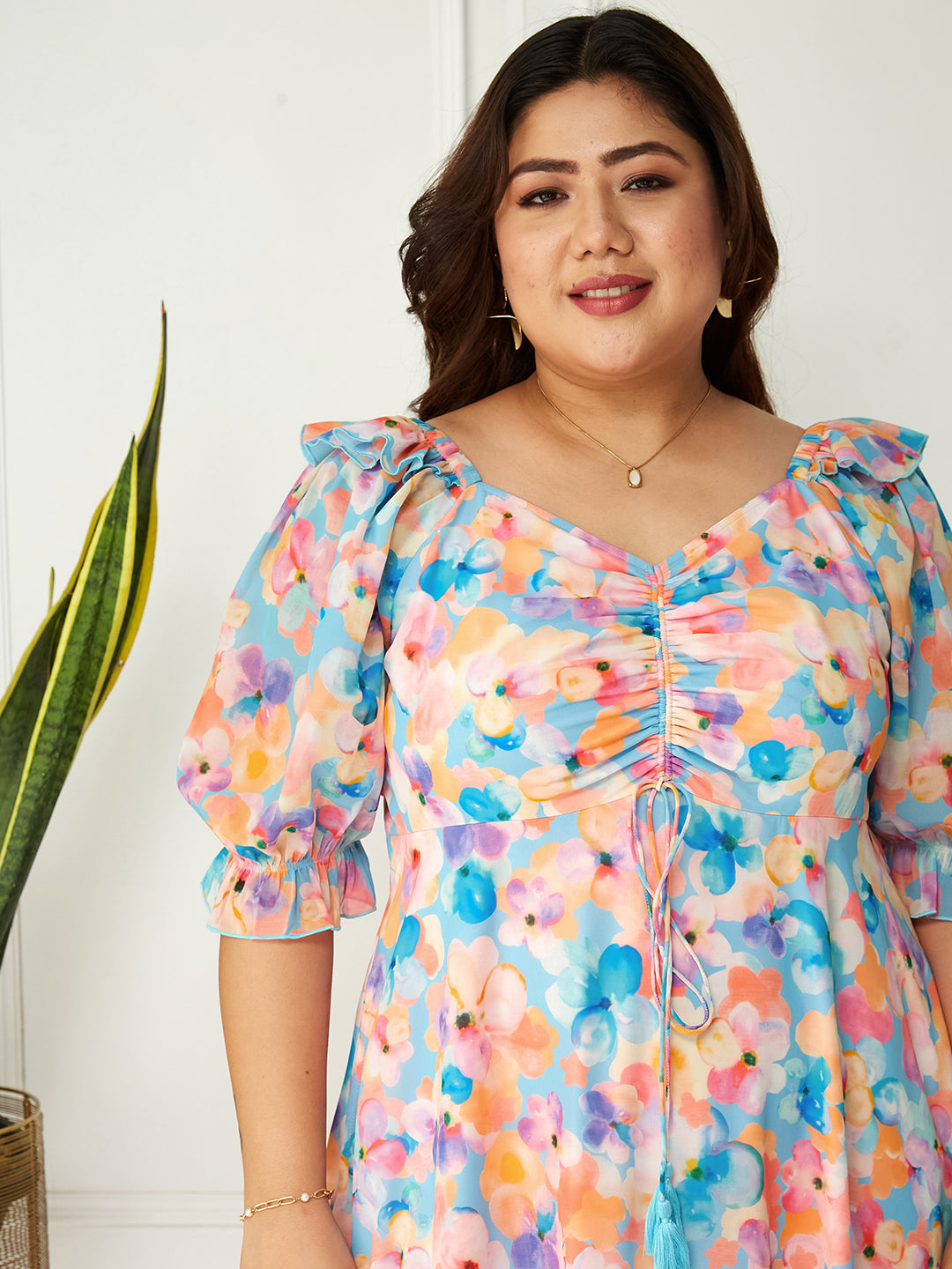Body Bliss Multicolored-Base-Sky Blue Floral Ruching Ankle-Length Dress