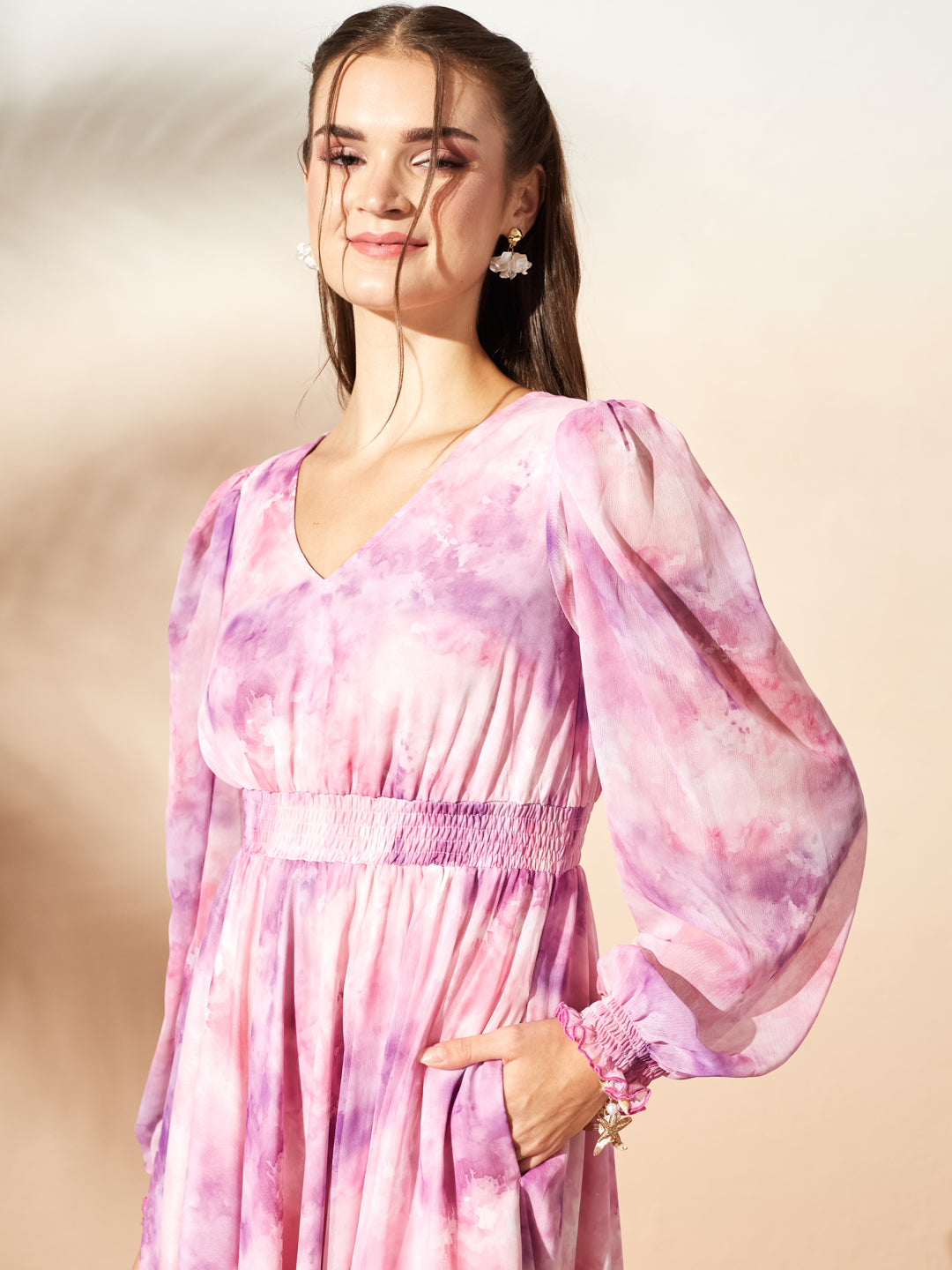 Pink & Lavender Full Sleeves Floral Printed Fit and Flare Dress for Women