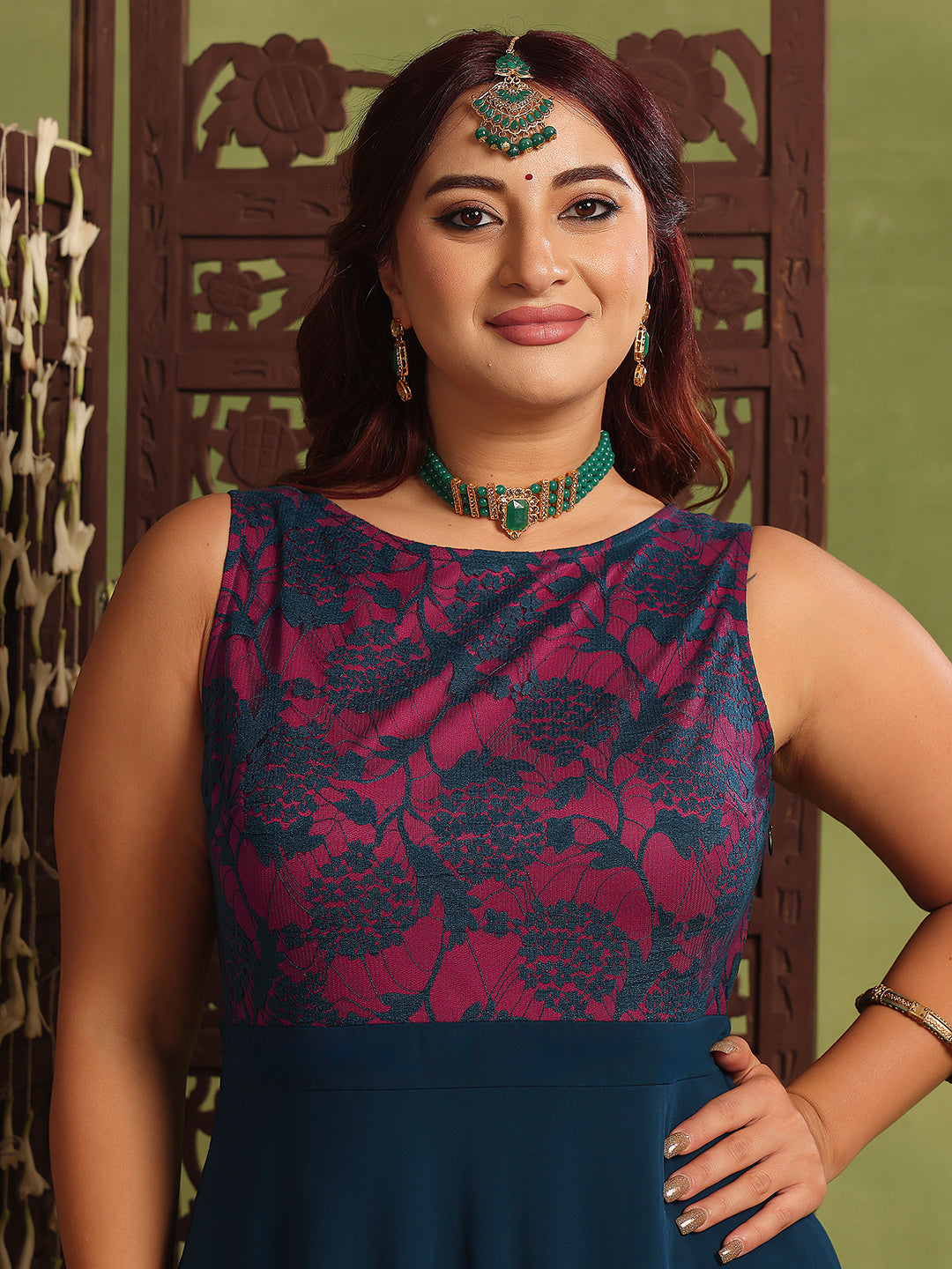 Teal Sleeveless Fit and Flare Lace Dress for Women