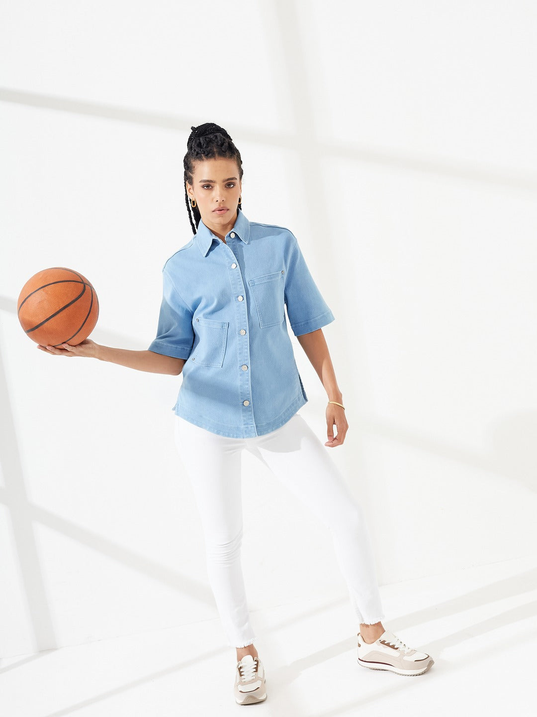 Light Blue Shirt Collar Half-Sleeves Asymmetrical Panelled Denim Shirt for Women