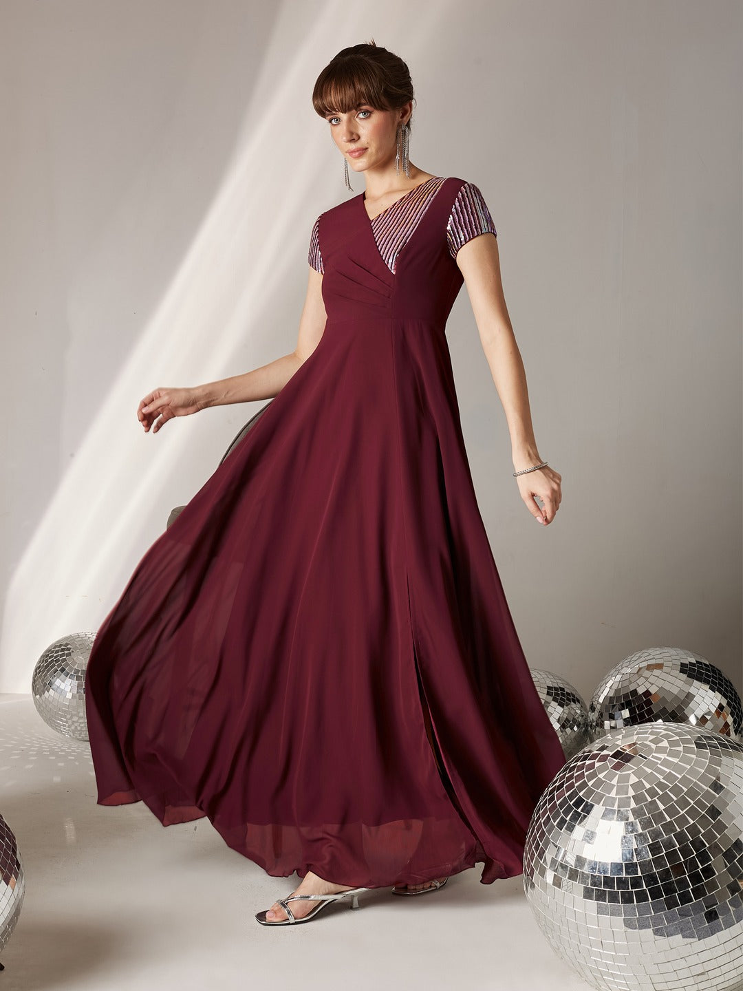 Wine V-Neck Short Sleeve Embellished Asymmetric Maxi Dress for Women