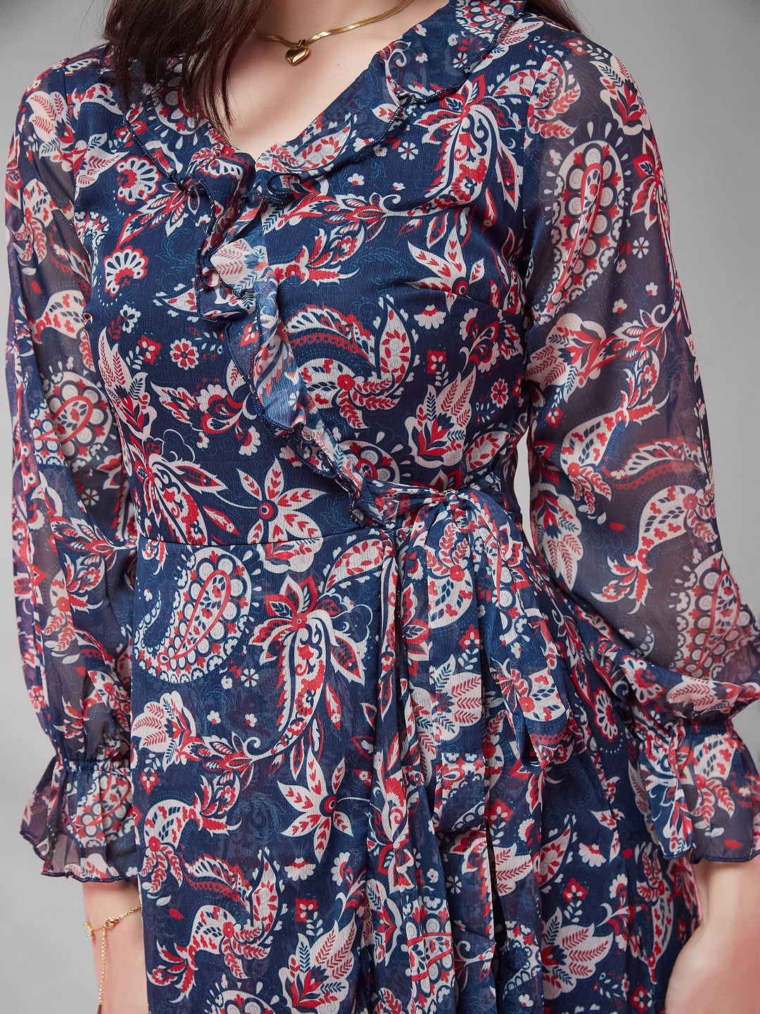 Navy Blue V Neck Full Sleeves Polyester Relaxed Fit Midi Length Dress for Women