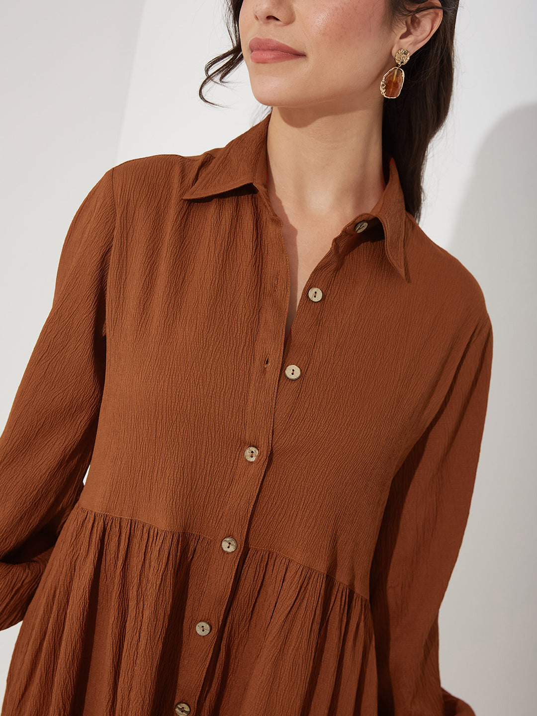 Rust Solid Polyester Shirt Dress with Balloon Sleeves and Tiered Hem for Women