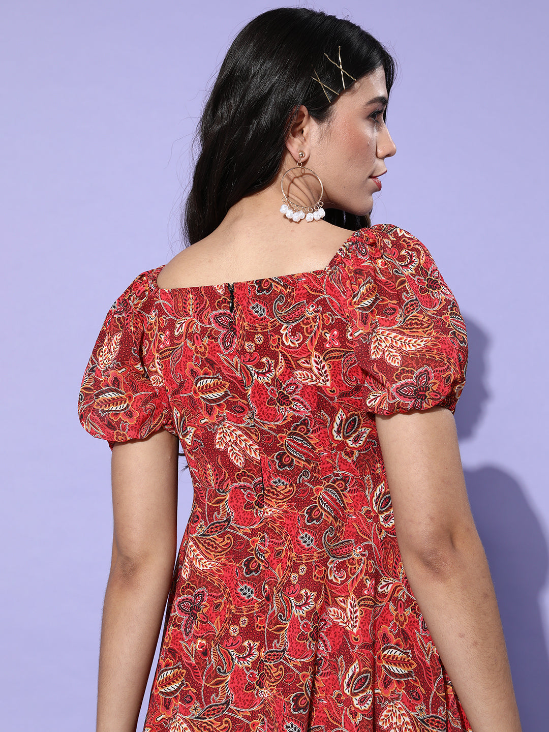 Women's Multicolored-Base-Maroon Sweetheart Half Sleeve Bohemian Fit & Flare Midi Dress