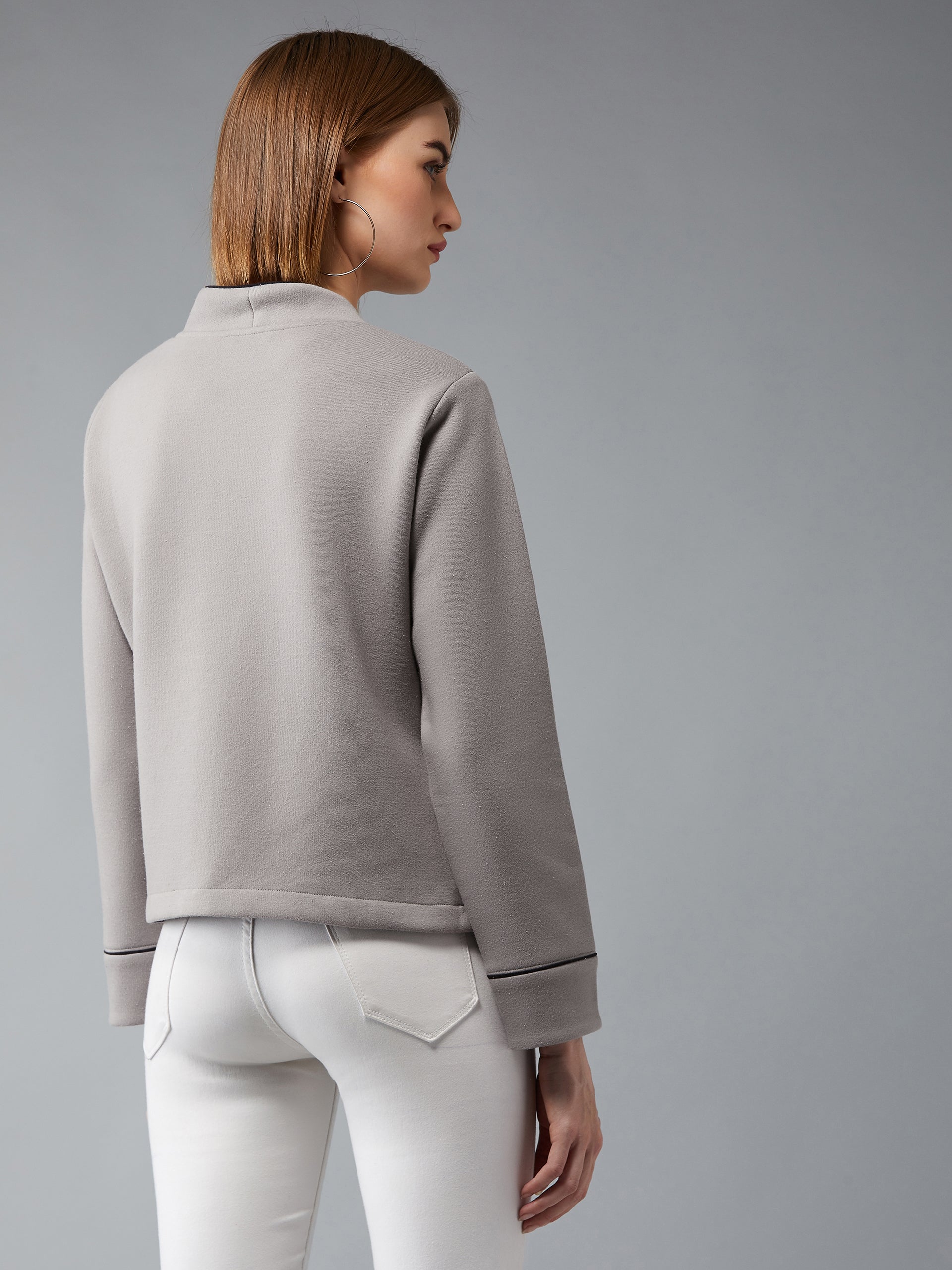 Women's Grey V-Neck Full Sleeves Solid Front-Open Regular Length Jacket