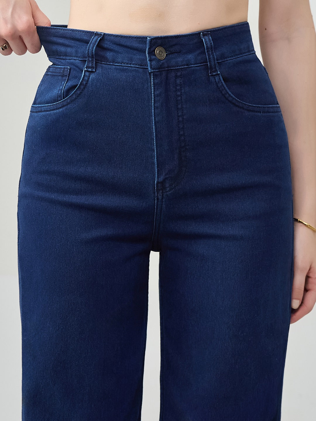 Navy Blue Wide-Leg High-Rise Stretchable Denim Jeans for Women