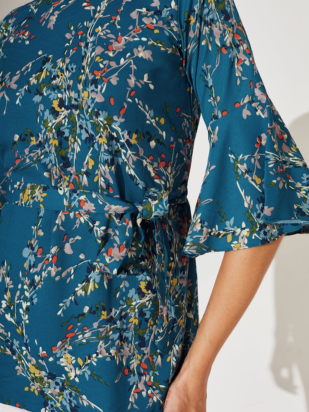 Turquoise Boat Neck Ruffled 3/4 Sleeves Floral Ruffled Long Belted Tie-Up Top for Women