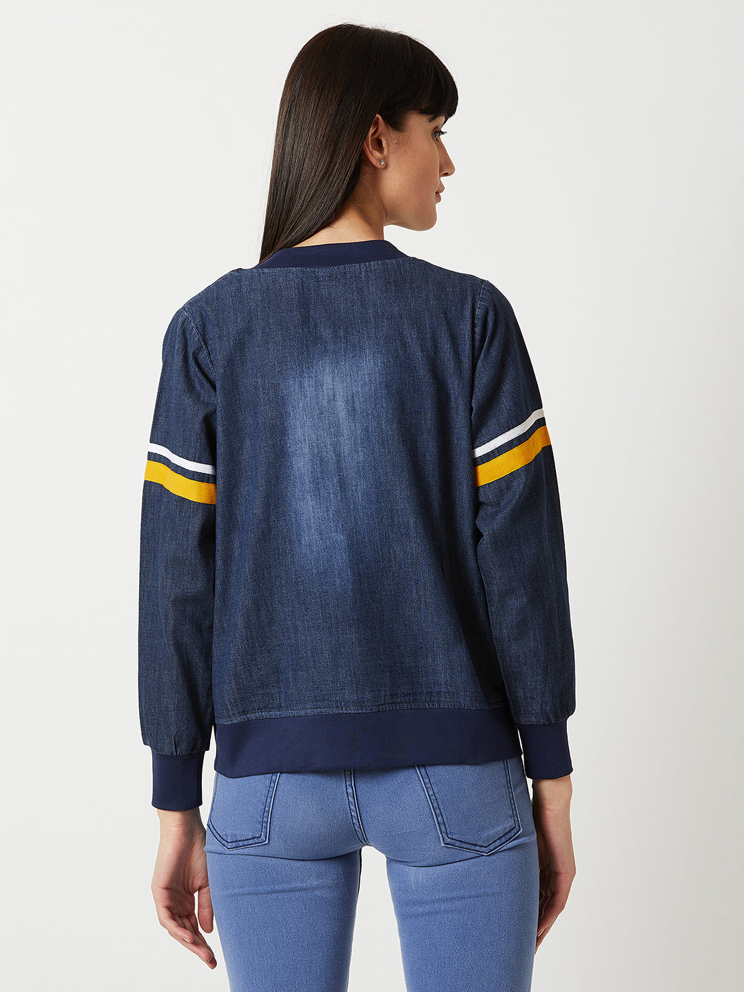 Women's Navy Blue V Neck Full Sleeve Twill And Rib Detailing Solid Bomber Denim Jacket