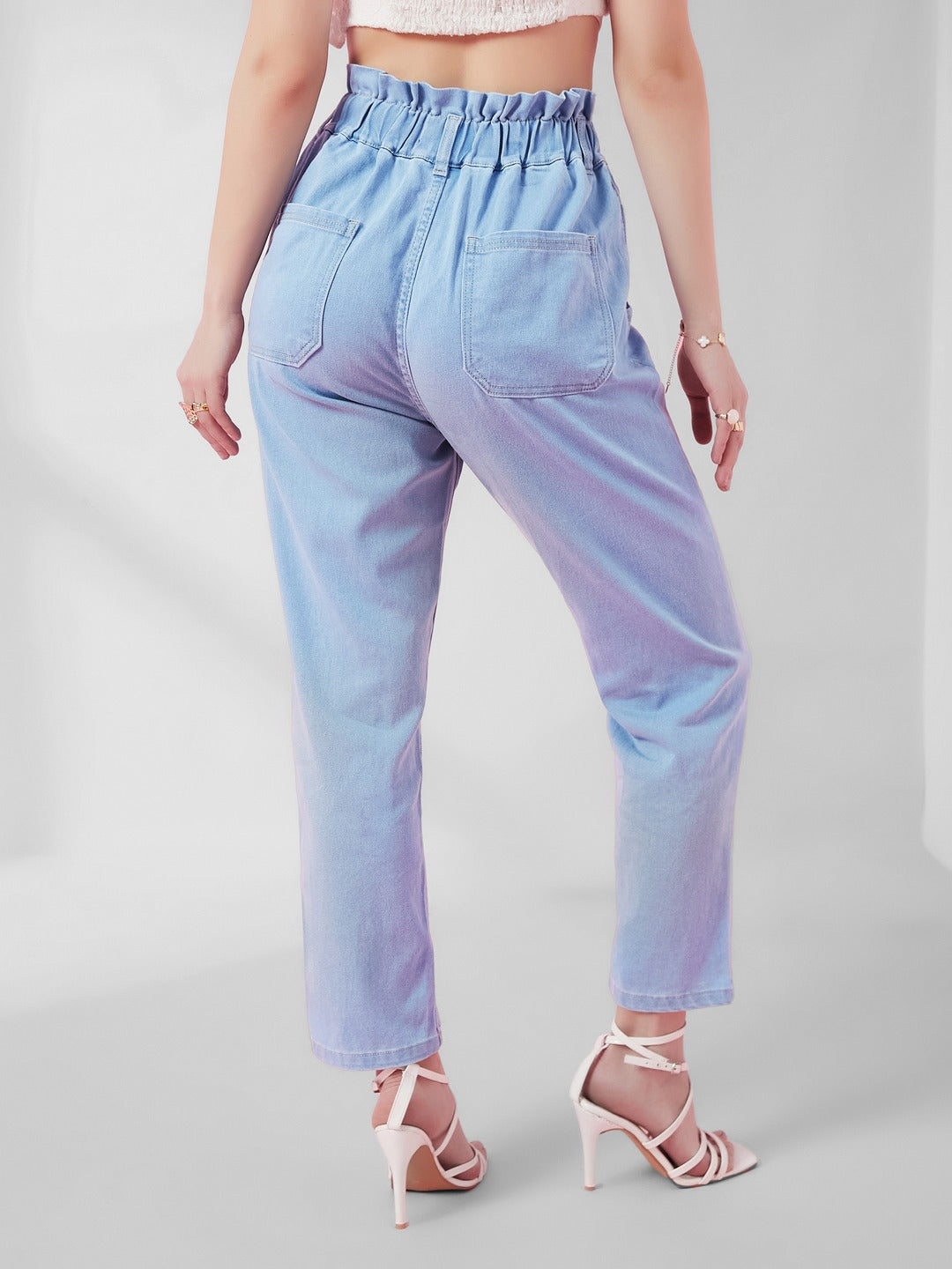 Light Blue Mom Jeans high-rise Mild Distress Regular Stretchable Denim Jeans for Women