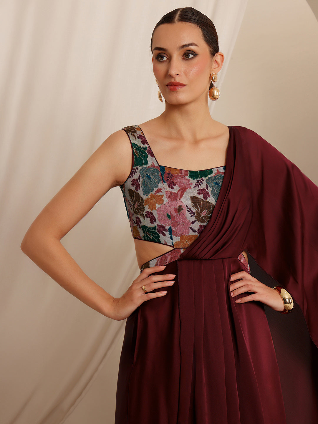 Women's Wine Square Neck Sleeveless Floral Layered Satin Maxi Dress