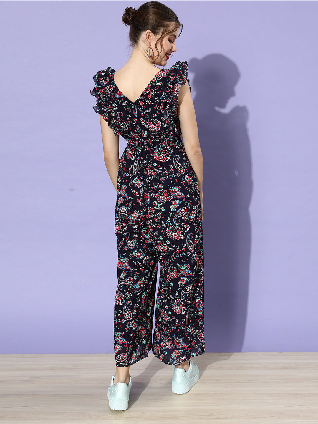 Women's Multicolored-Base-Navy Blue Round Neck Sleeveless Floral Wide-Leg Regular Jumpsuit
