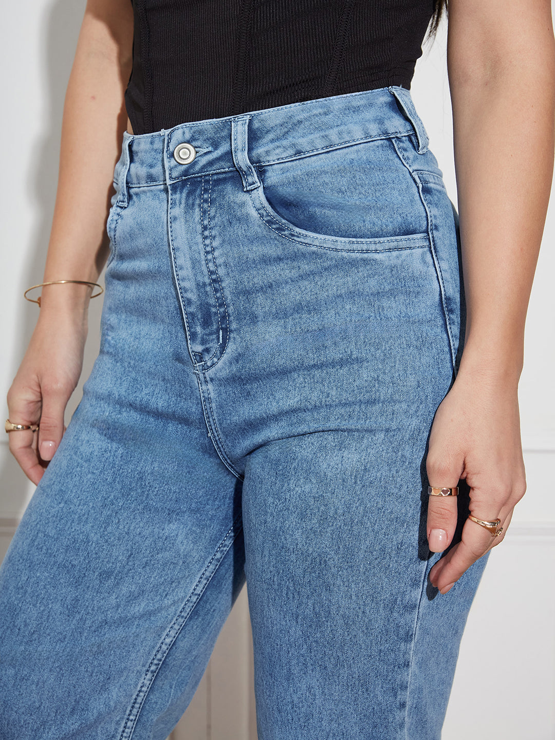 Women's Light Blue Wide-Leg High Rise Clean Look Regular Stretchable Denim Jeans