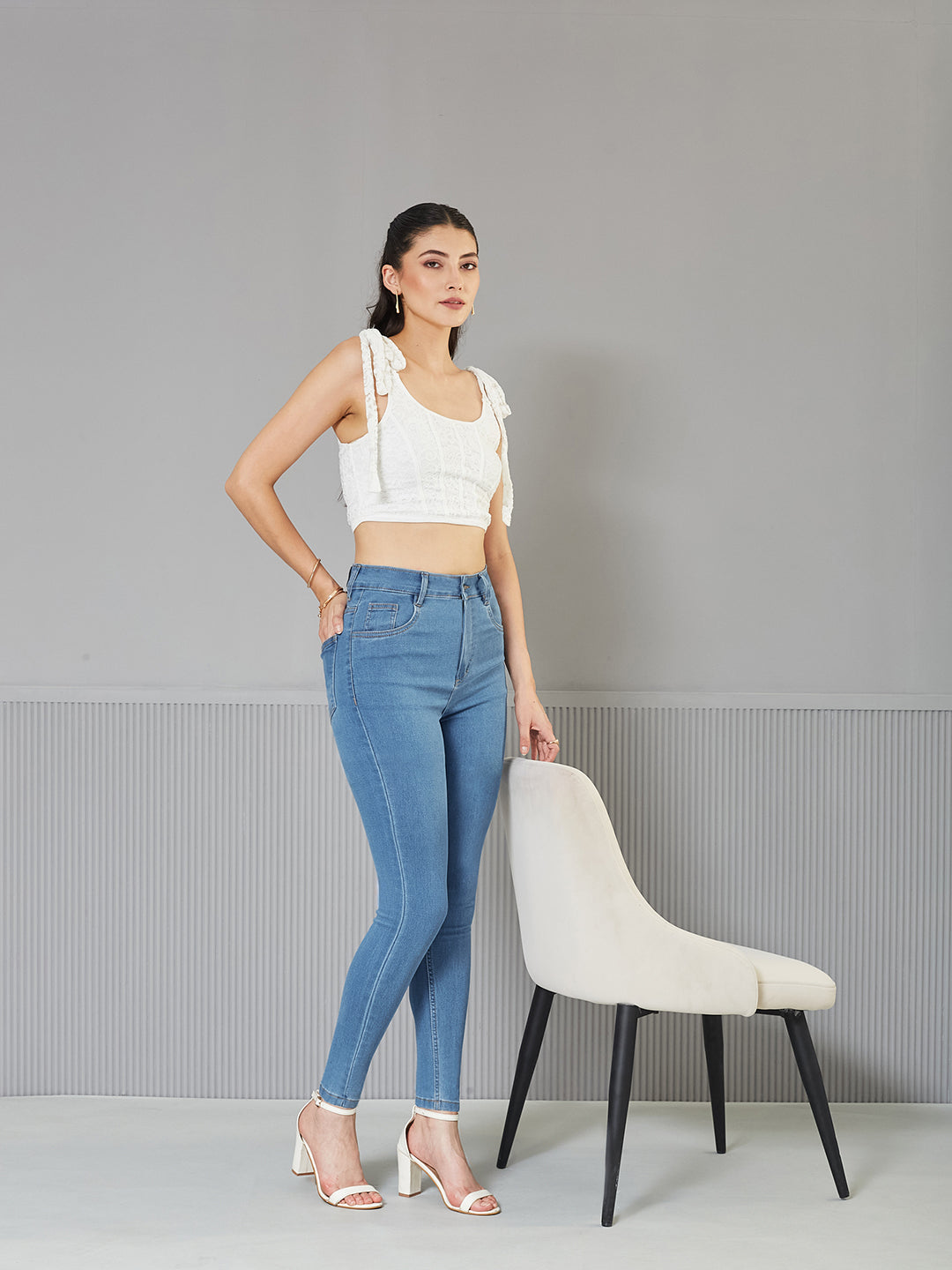 24/7 Comfort Blue Solid Skinny-Fit High-Rise Cropped Fringe Detailing Solid Stretchable Denim Jeans for Women — Miss Chase