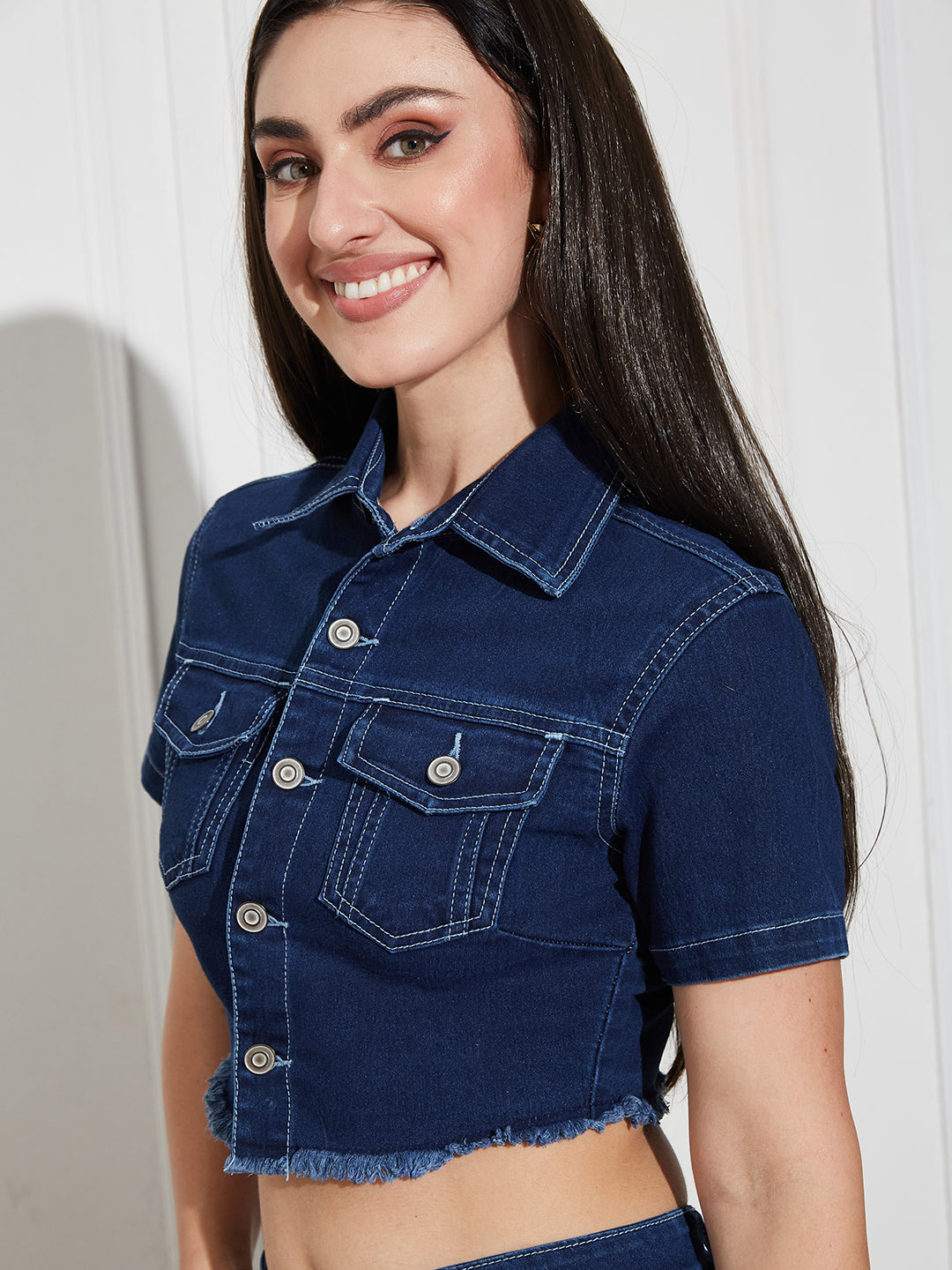 Women's Navy Blue Bootcut High-Rise Clean-Look Cropped Top, Regular Bottom Stretchable Denim Co-Ord Set