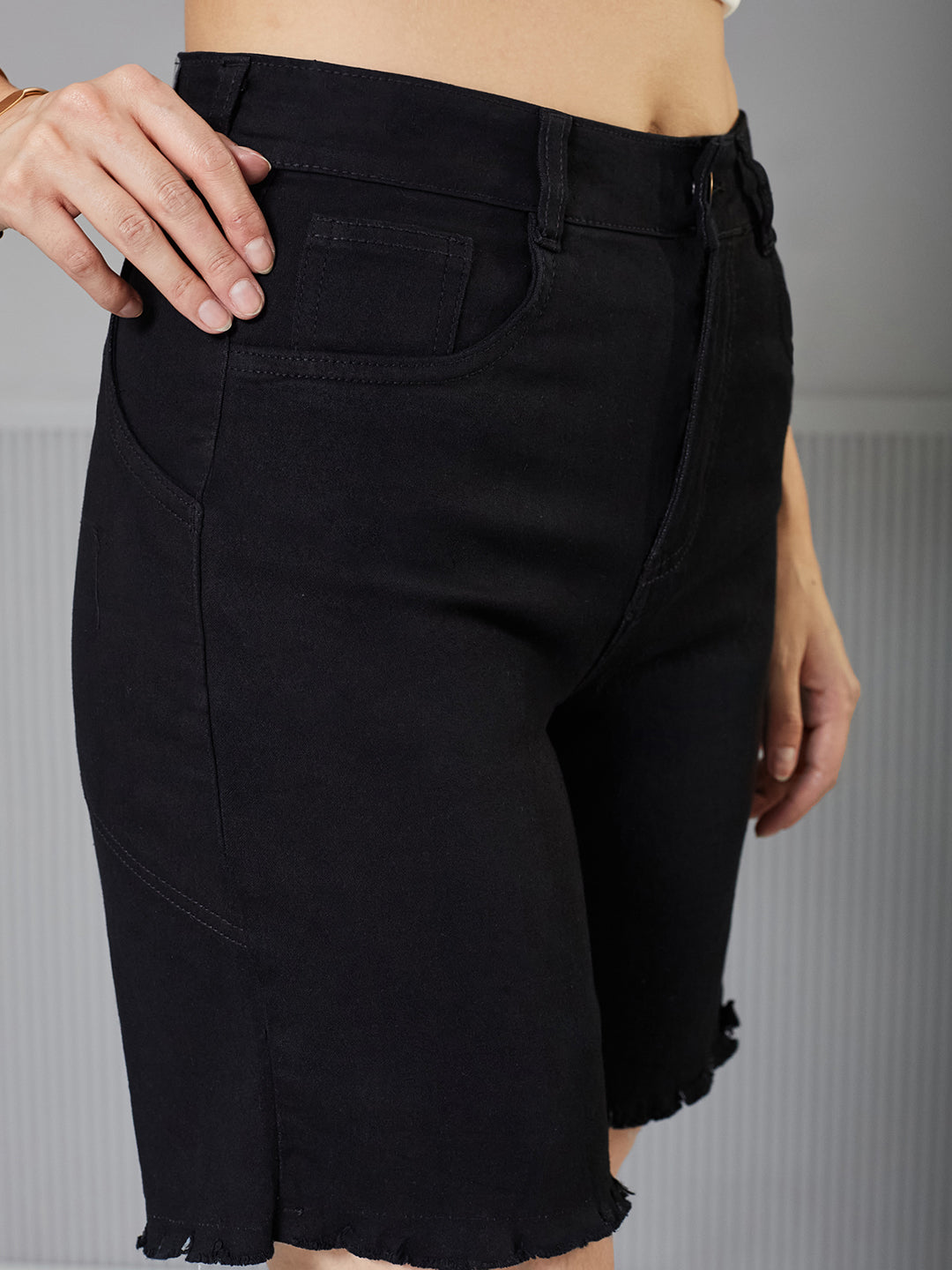 Black Regular High-Rise Above Knee Stretchable Denim Shorts for Women