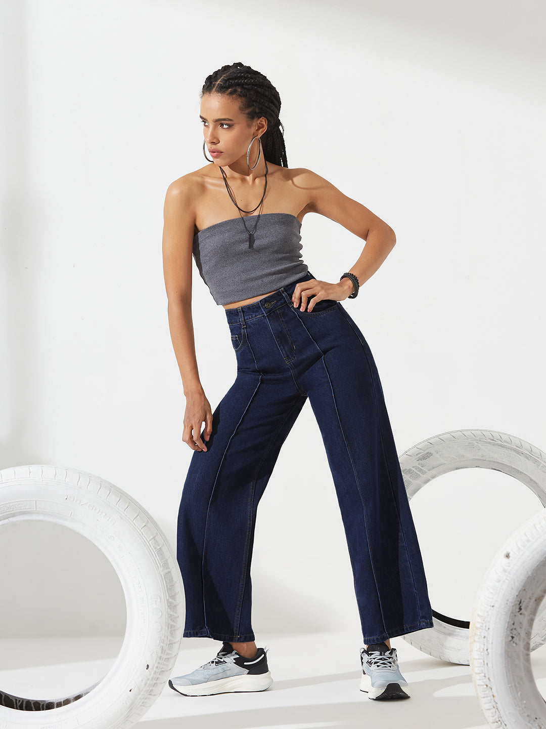 Navy Blue Wide-Leg High-Rise Non-stretchable Denim Jeans For Women