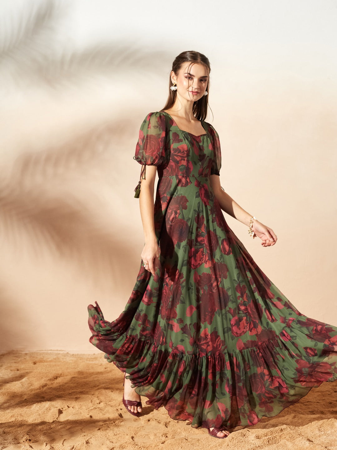 Olive And Wine Sweetheart Neck Puff Sleeve Floral Tiered Maxi Chiffon Dress for Women