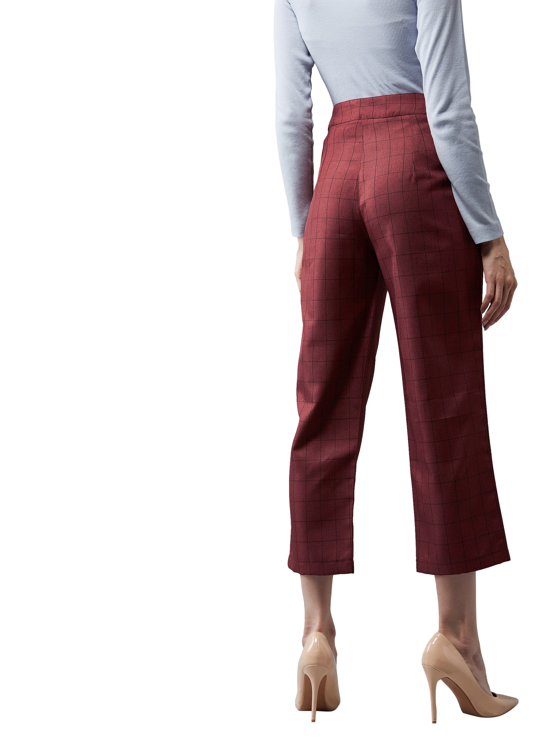 Women's Maroon Checkered Pleated Regular Length Trouser