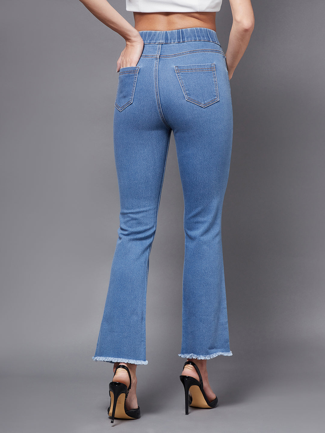 Women's Blue Semi-Bootcut Bell-Bottom Mid-Rise Stretchable Denim Jeans