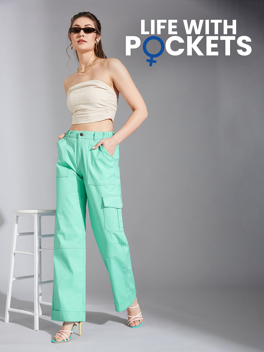 24/7 Comfort Turquoise Wide-Leg High-Rise Stretchable Denim Cargo Pants