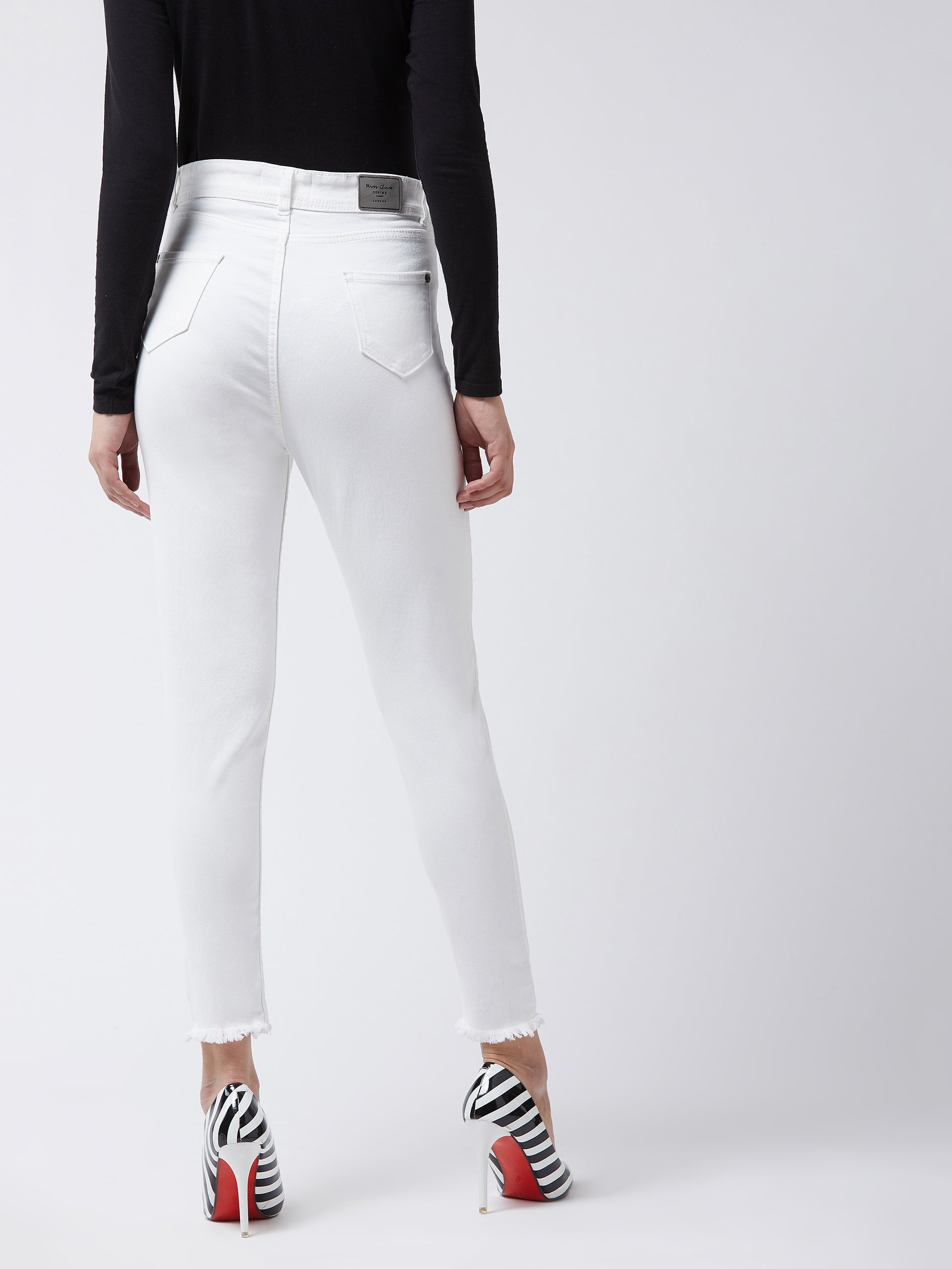Women's White Skinny-Fit High-Rise Cropped Raw Edge Stretchable Denim Jeans