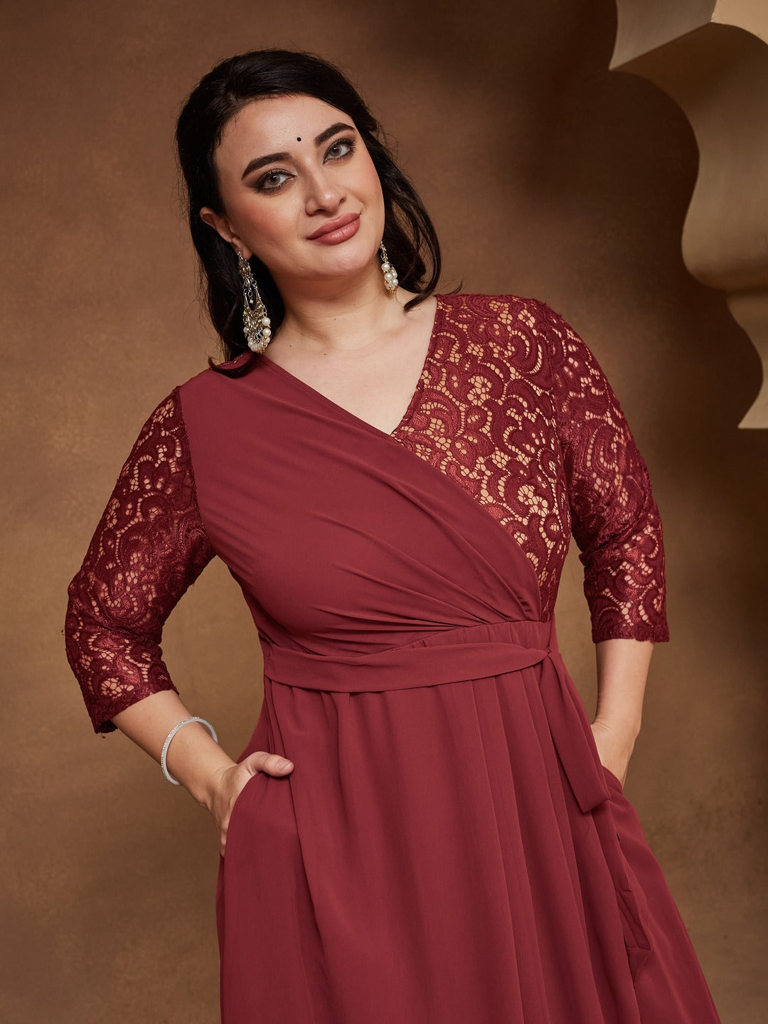 Brick Red V-Neck 3/4 Sleeve Self-Designed Wrap Styled Georgette Maxi Dress for Women — Miss Chase A+