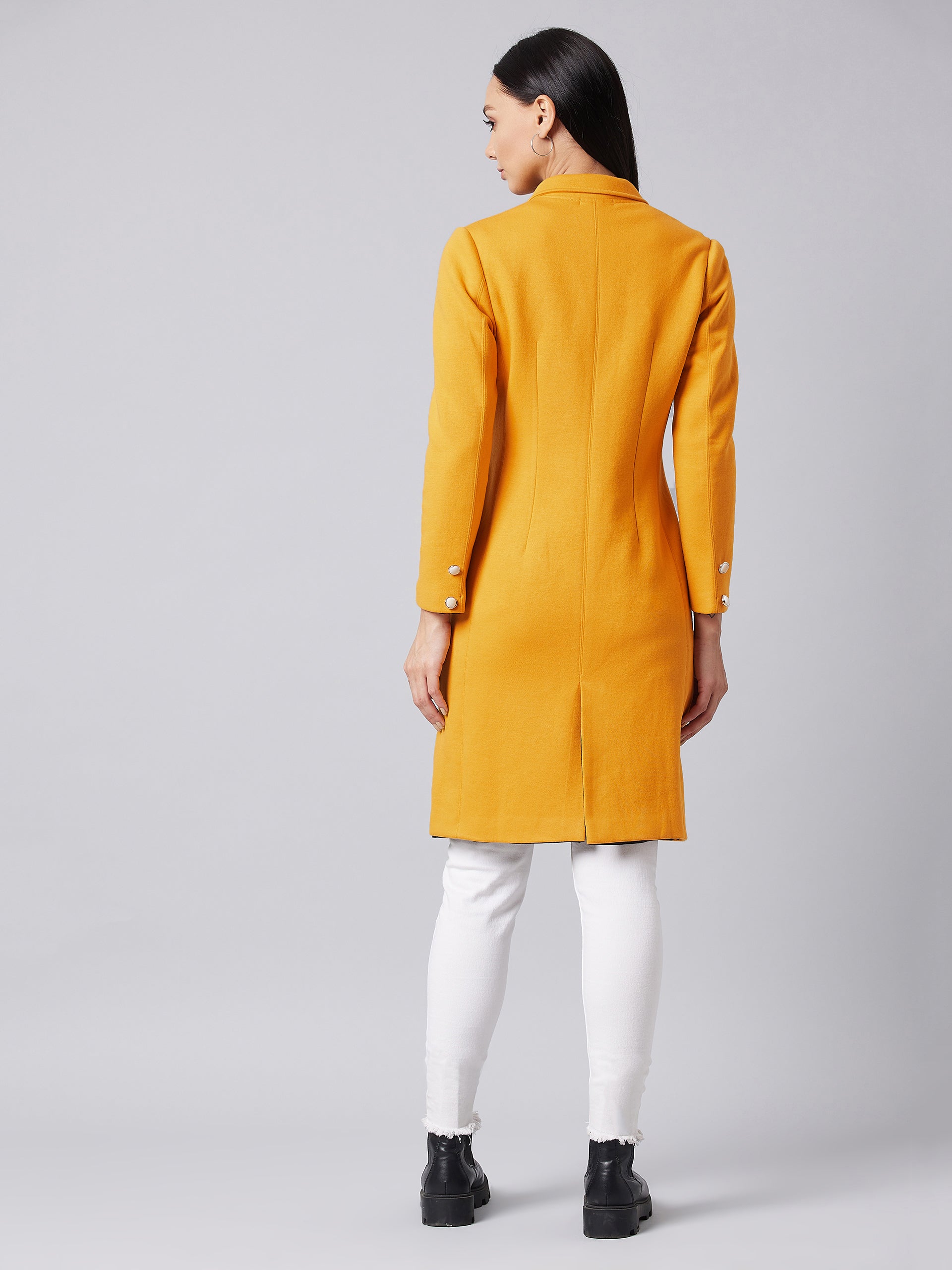 Women's Mustard Notch Collar Full Sleeve Solid Front-Open Knee Length Jacket