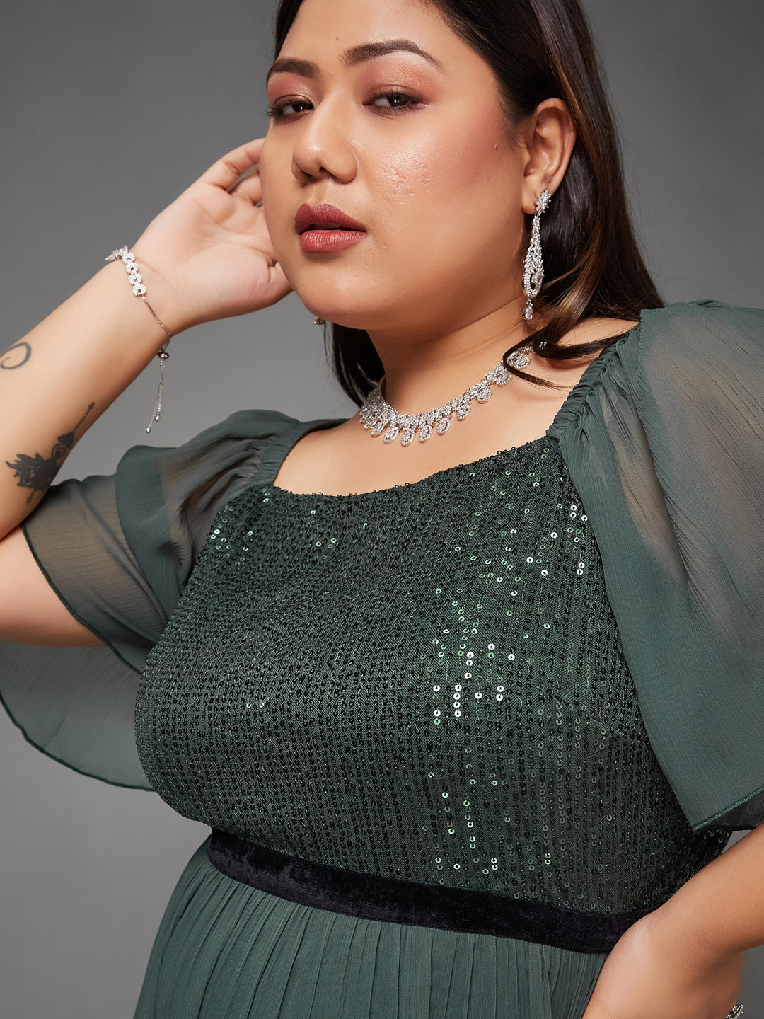 Body Bliss Dark Green Embellished Chiffon Tiered Longline Dress