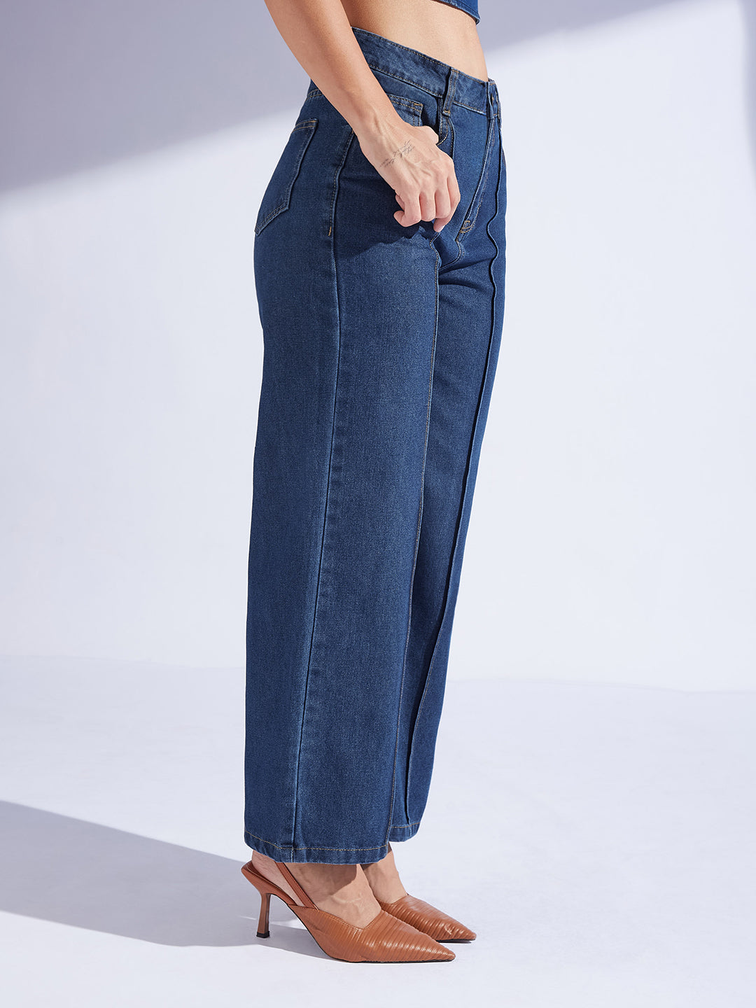 Women's Navy Blue Wide-Leg High-Rise Clean-Look Regular-Length Non-stretchable Denim Jeans